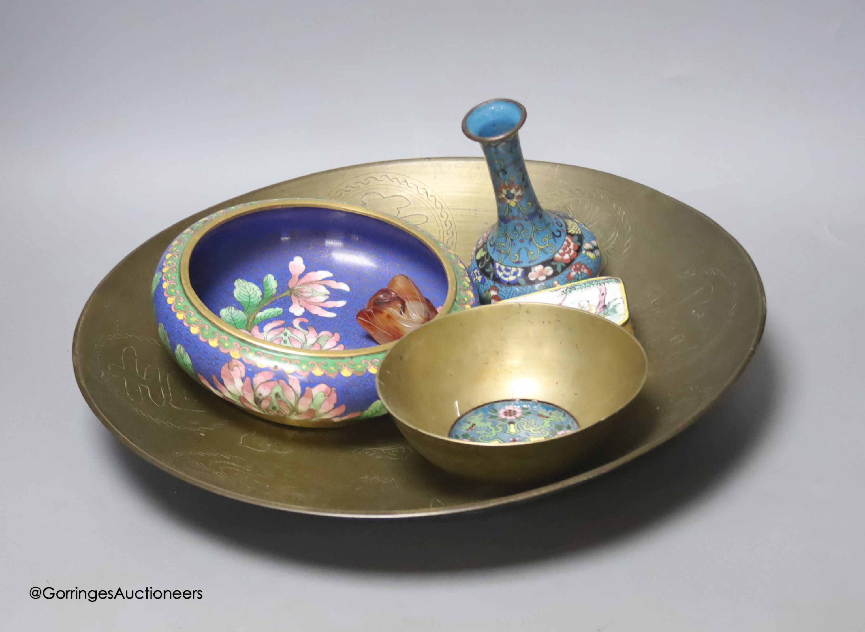 A large Chinese brass dish, diameter 42cm, a similar bowl, cloisonne enamel and Canton enamel wares and an agate snuff bottle